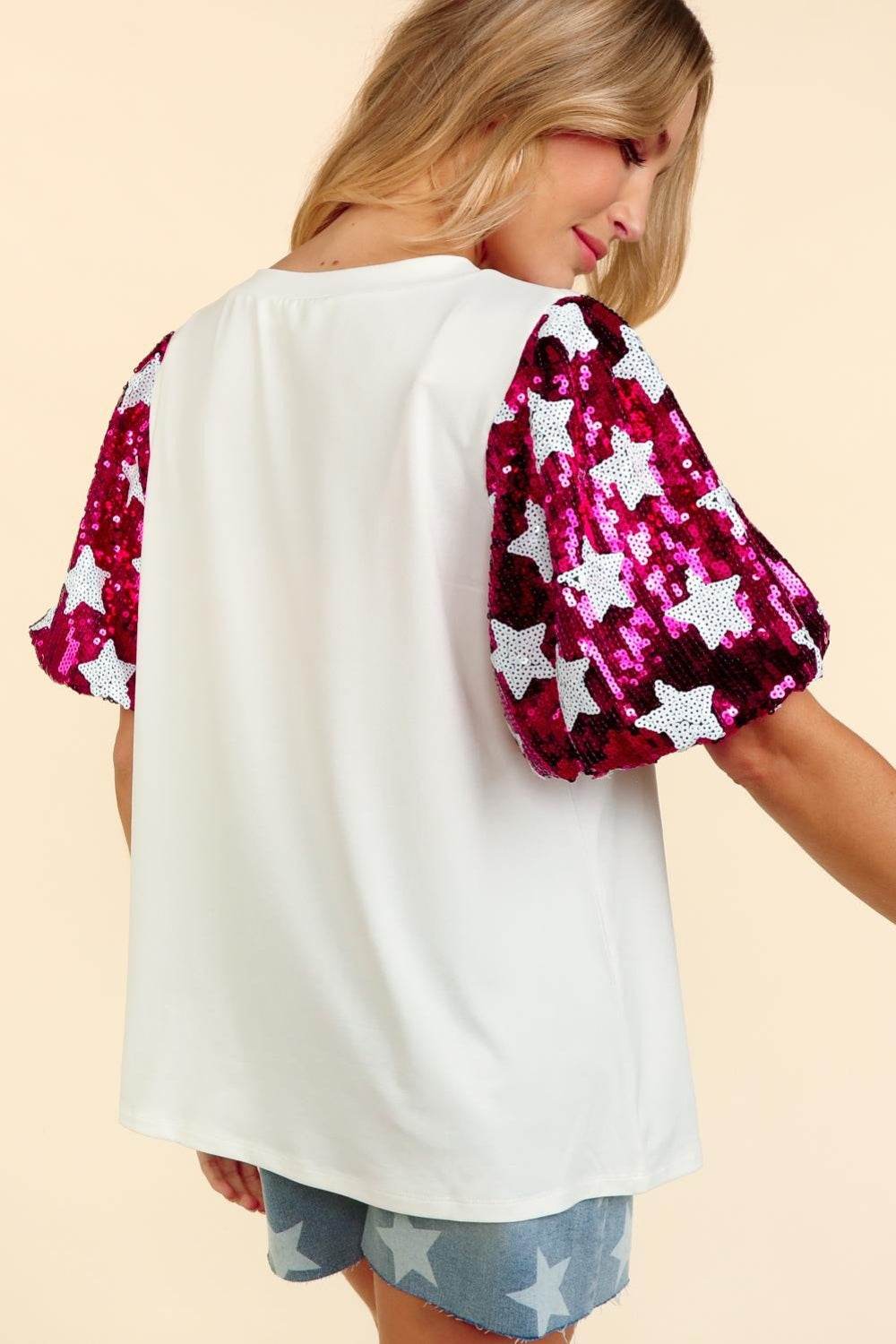 Haptics Star Sequin Bubble Short Sleeve Top - DaTrendStore.Com
