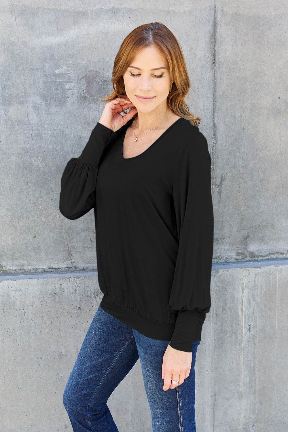 Basic Bae Full Size V-Neck Lantern Sleeve Top - DaTrendStore.Com