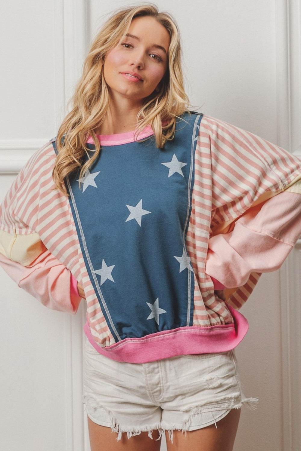 BiBi Stars and Stripes Round Neck Long Sleeve Top - DaTrendStore.Com