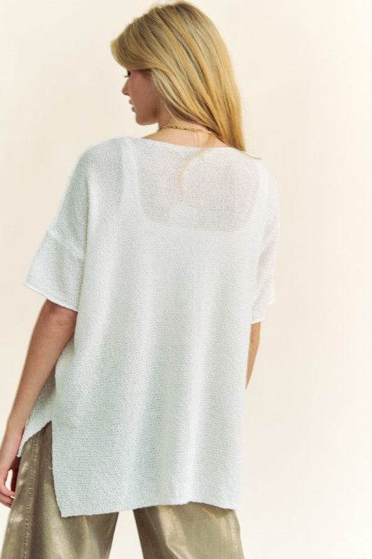 Davi & Dani Side Slit Round Neck Half Sleeve Knit Top - DaTrendStore.Com