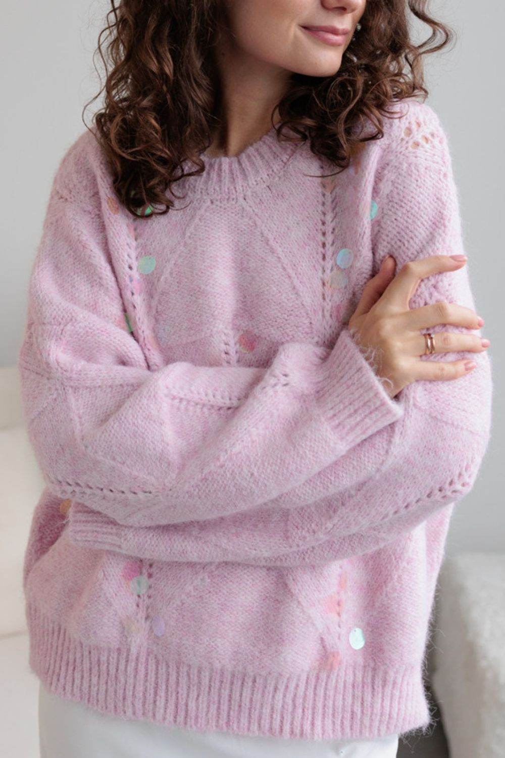 Sequin Round Neck Long Sleeve Sweater - DaTrendStore.Com