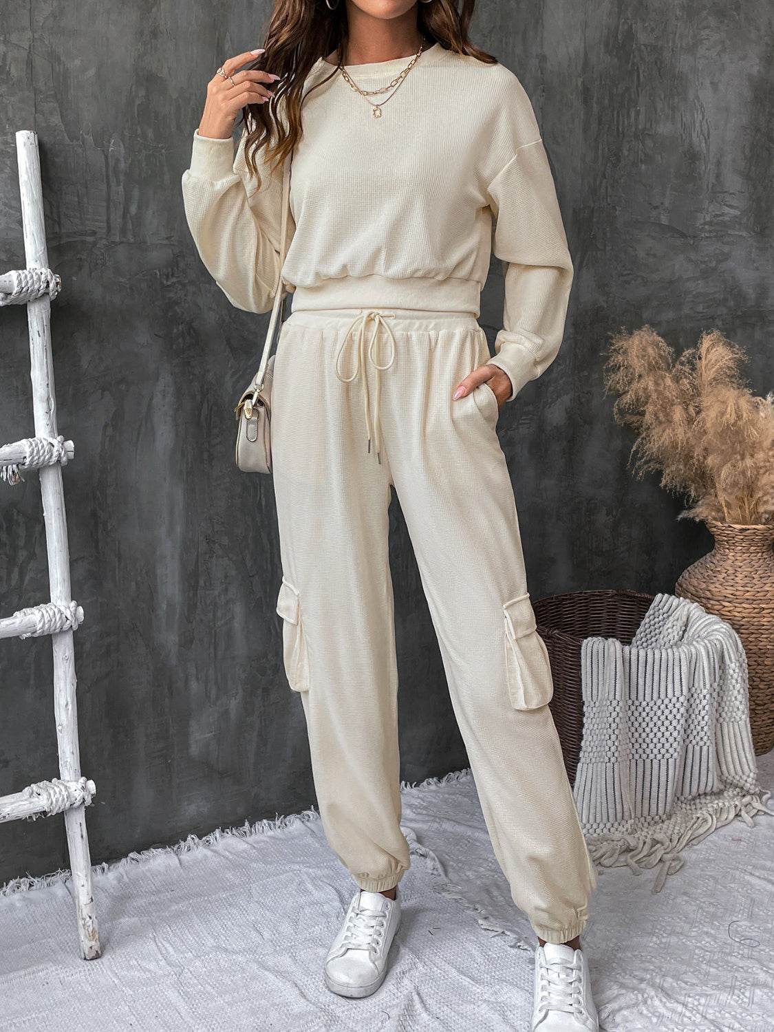 Perfee Round Neck Long Sleeve Top and Pants Set - DaTrendStore.Com