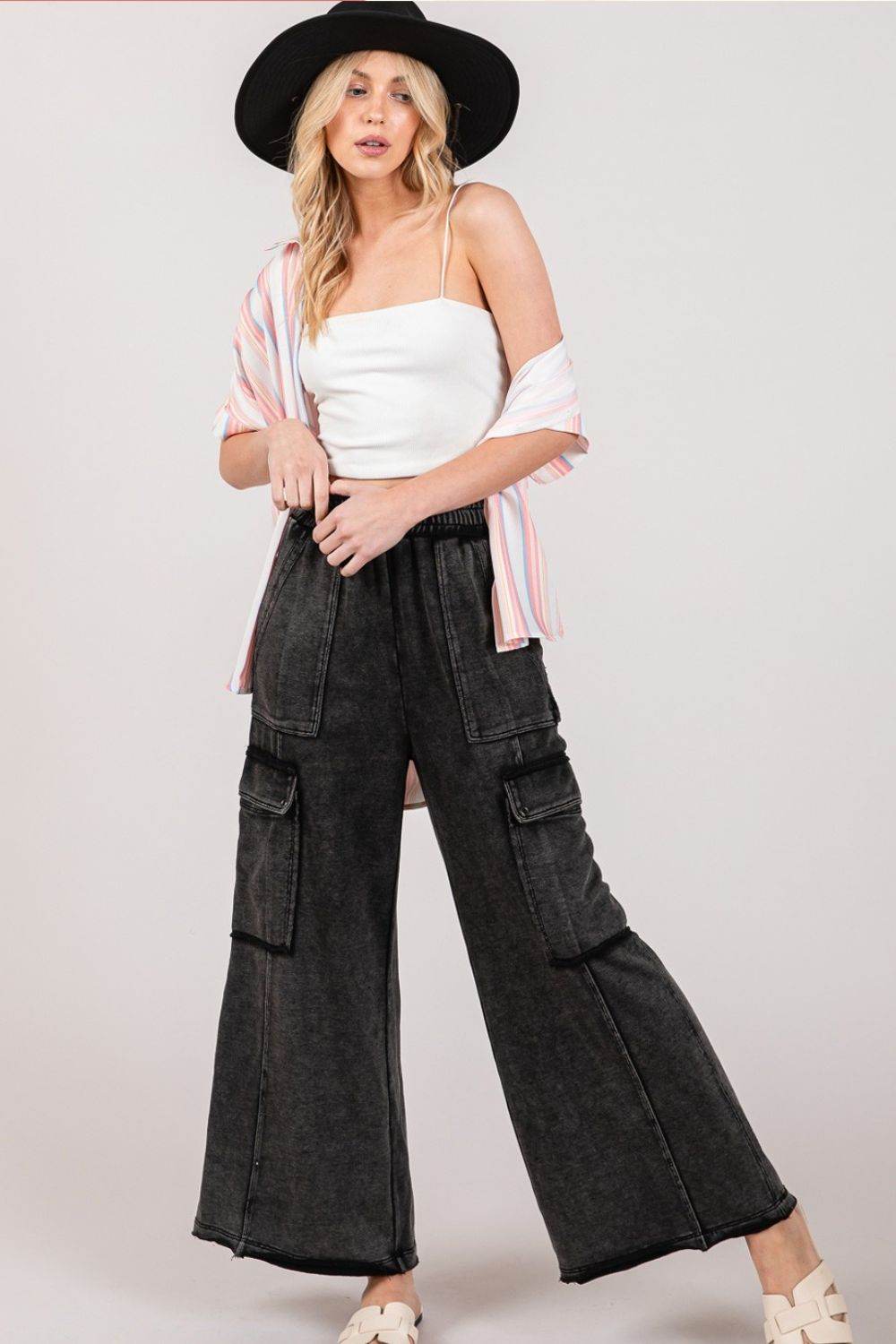SAGE + FIG Knit Terry Mineral Wash Wide Leg Pants - DaTrendStore.Com