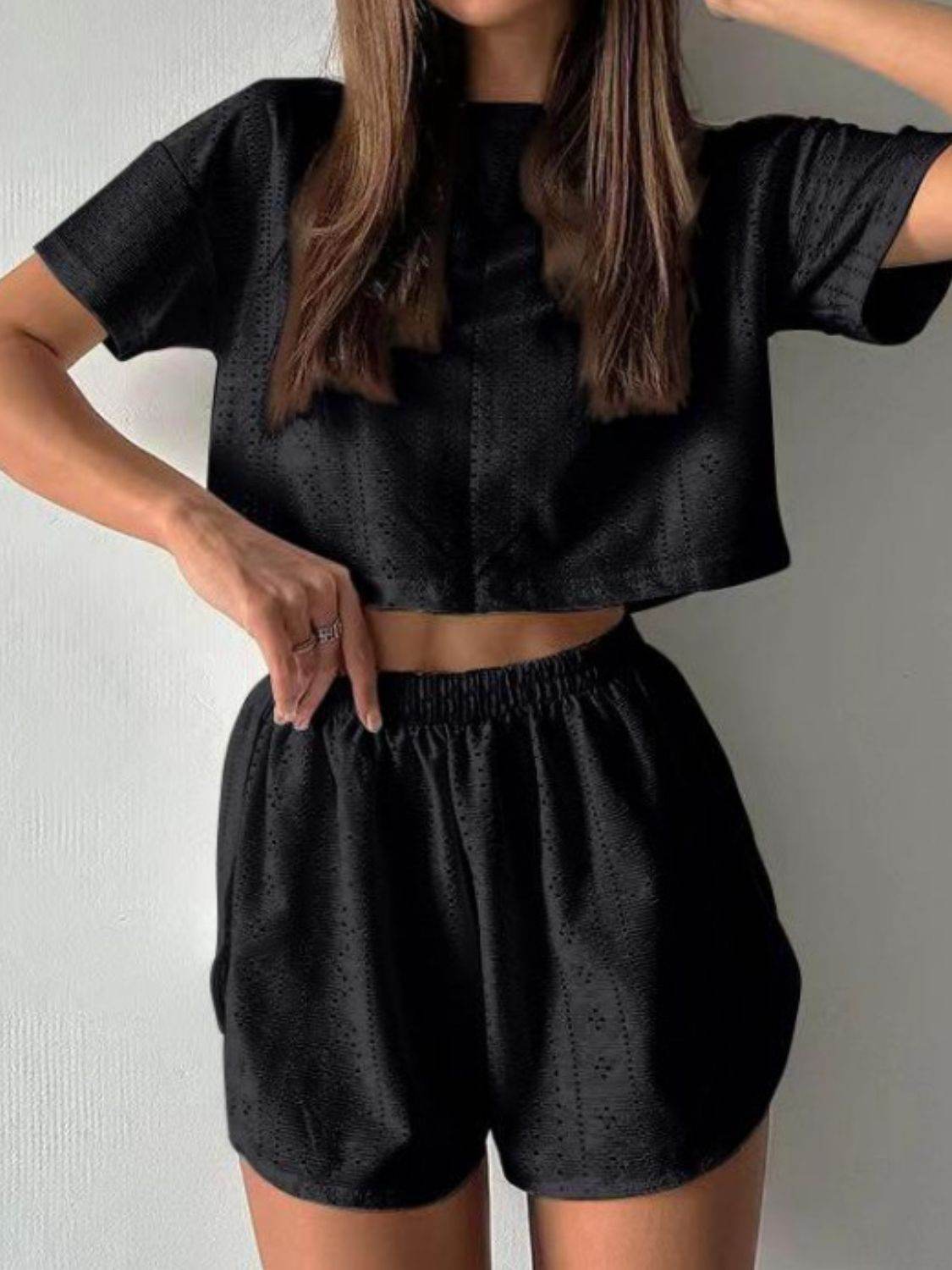 Eyelet Round Neck Top and Shorts Set - DaTrendStore.Com