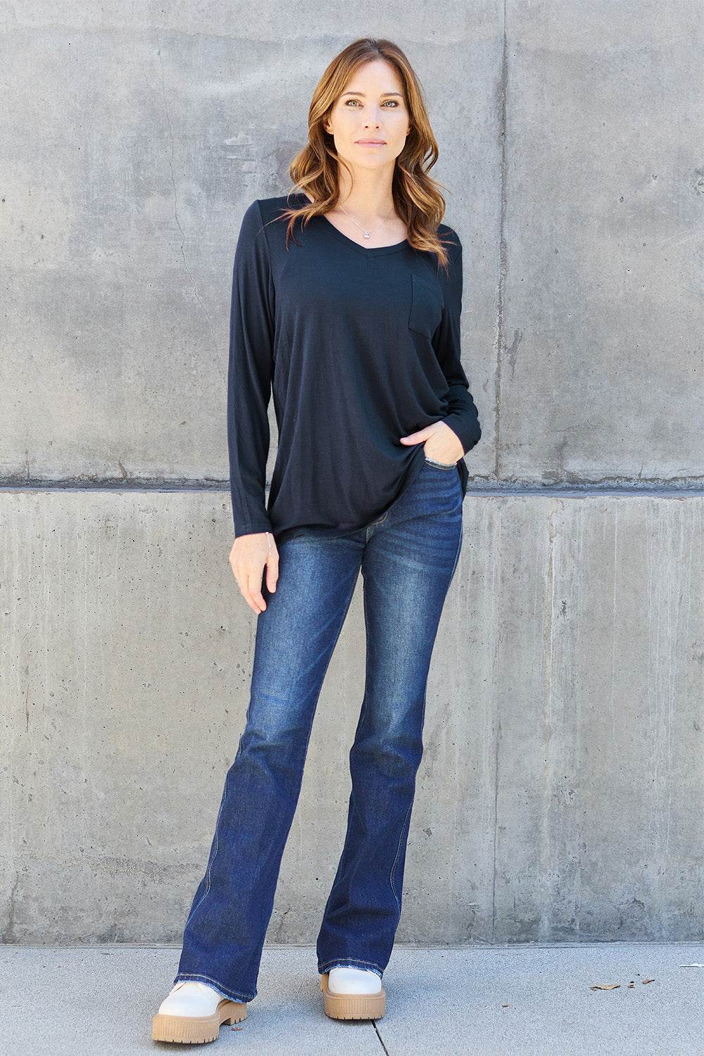 Basic Bae Full Size V-Neck Long Sleeve Top - DaTrendStore.Com