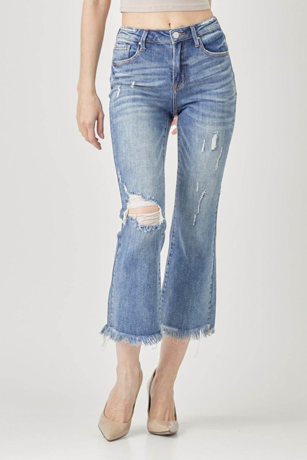 RISEN High Waist Distressed Cropped Bootcut Jeans - DaTrendStore.Com