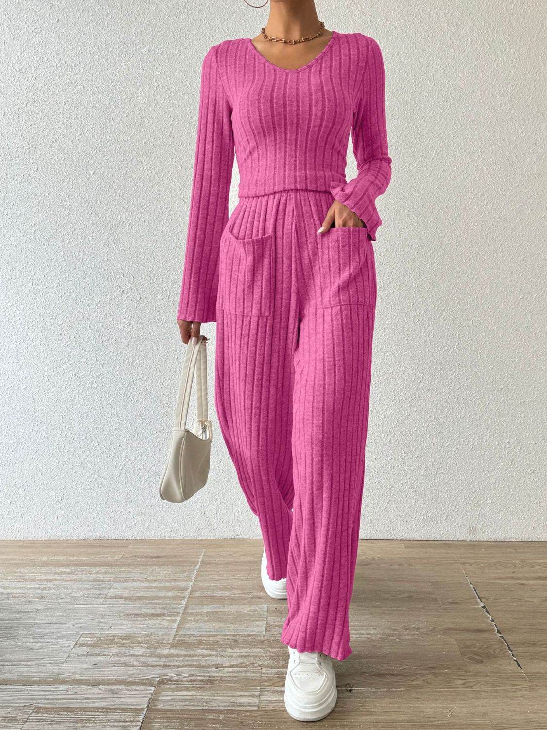 Ribbed V-Neck Long Sleeve Top and Pocketed Pants Set - DaTrendStore.Com