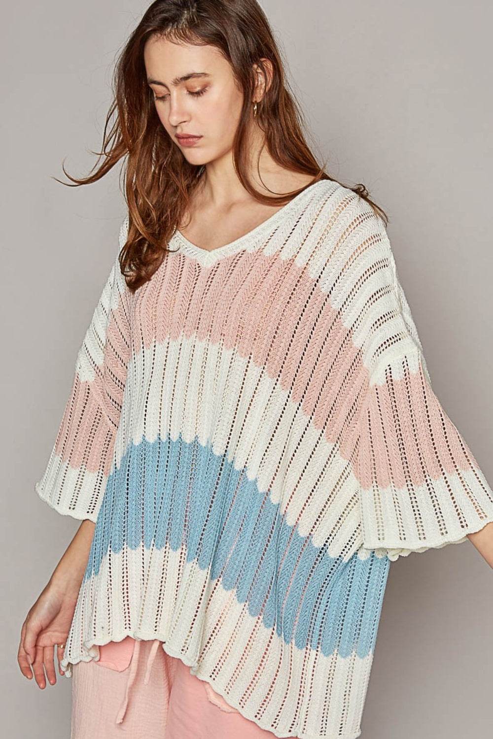 POL V-Neck Short Sleeve Stripe Weave Sweater - DaTrendStore.Com