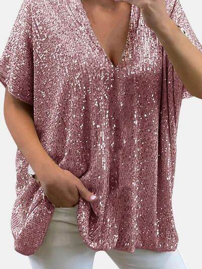 Full Size Sequin V-Neck Short Sleeve Top - DaTrendStore.Com