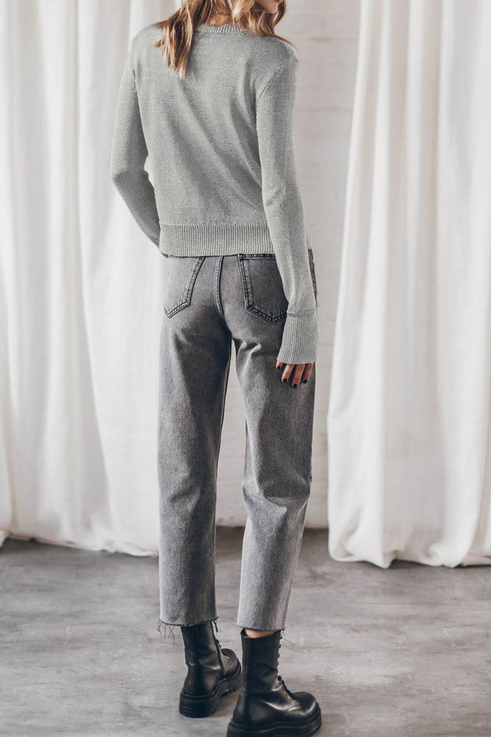 Ribbed Hem Round Neck Long Sleeve Sweater - DaTrendStore.Com