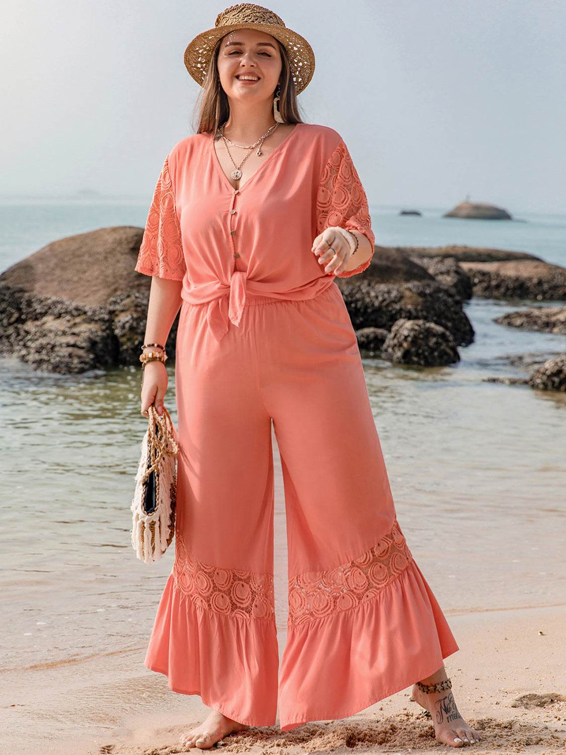 Plus Size Button Up Half Sleeve Top and Pants Set - DaTrendStore.Com