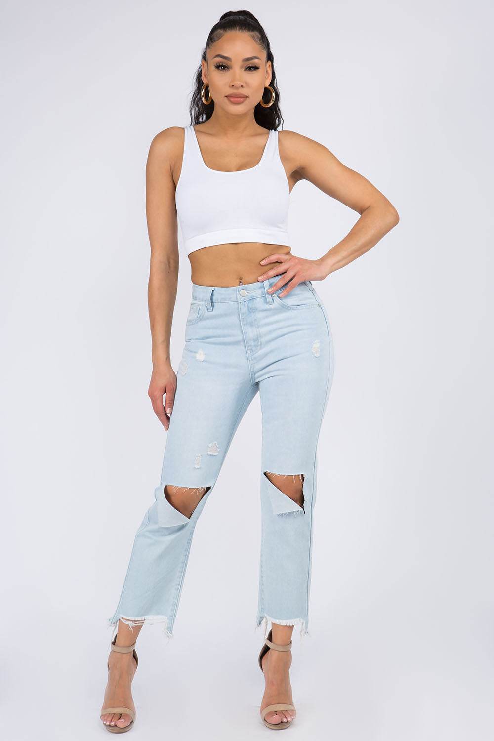 American Bazi High Waist Distressed Raw Hem Jeans - DaTrendStore.Com