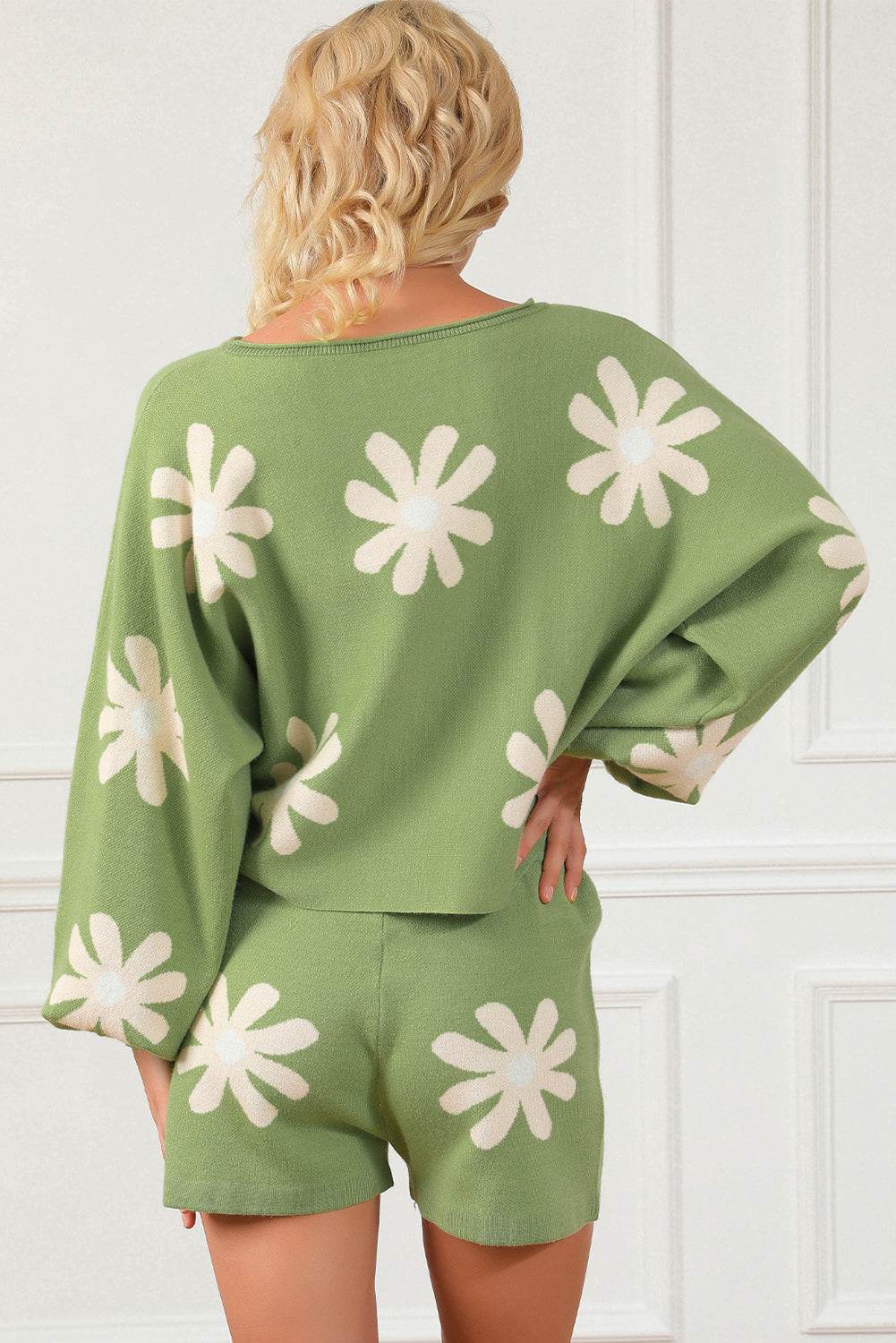 Flower Pattern Long Sleeve Sweater and Drawstring Shorts Set - DaTrendStore.Com