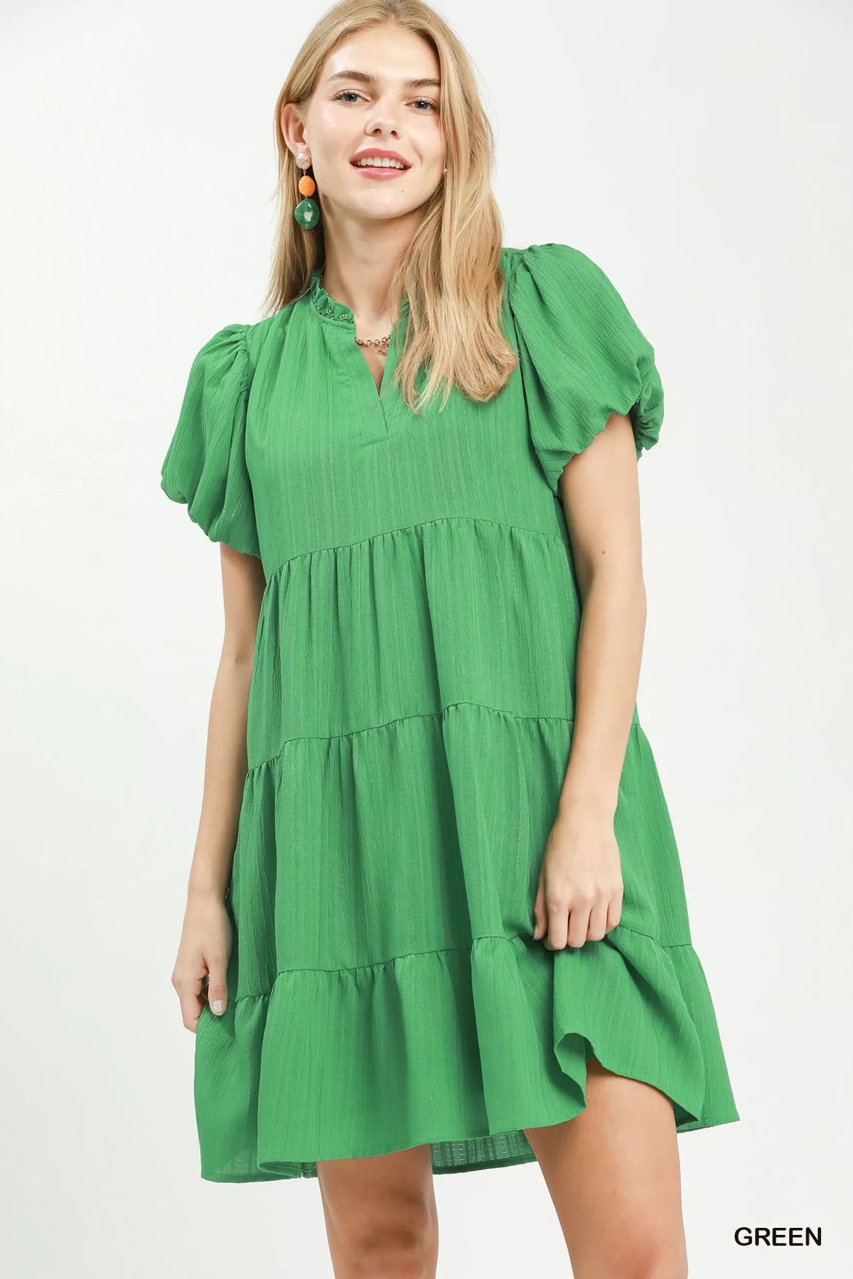 Umgee Puff Sleeve Tiered Babydoll Dress - Green