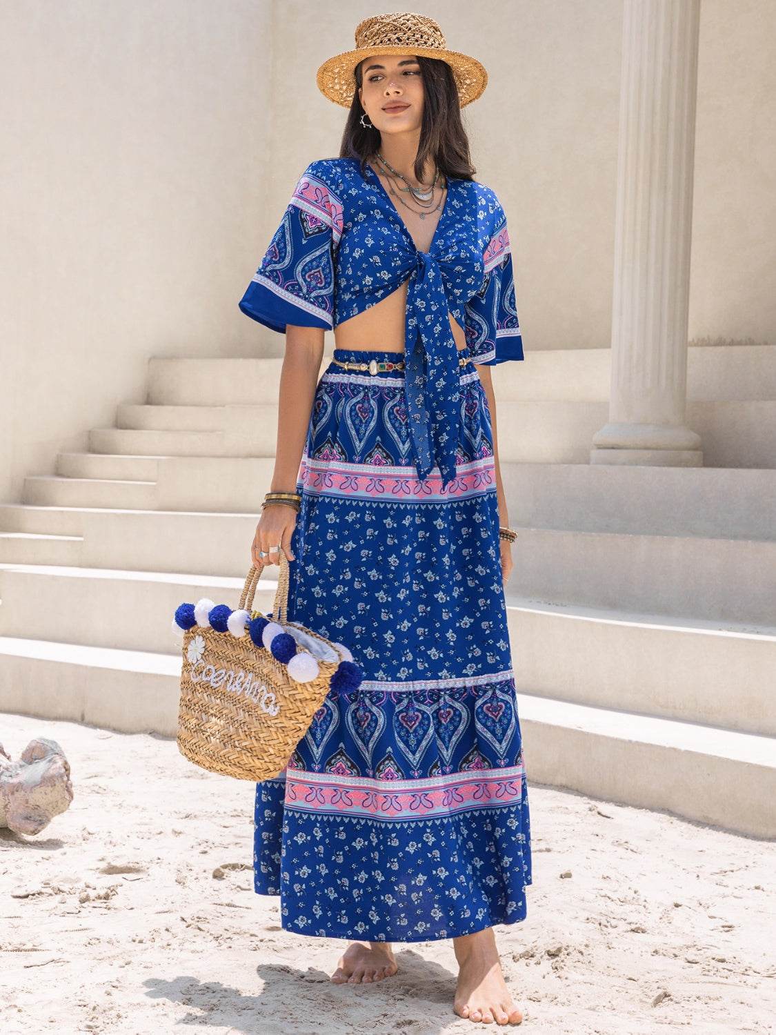 Printed Flutter Sleeve Top and Skirt Set - DaTrendStore.Com