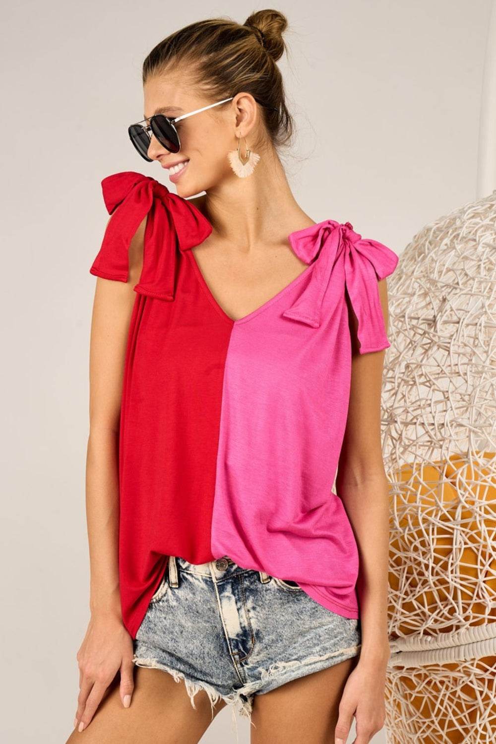 BiBi Shoulder Ribbon Tied Contrast Tank - DaTrendStore.Com