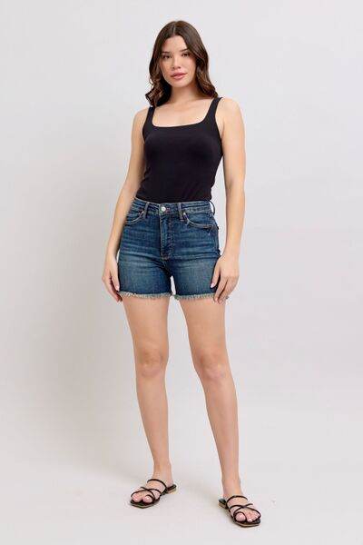 Judy Blue Tummy Control Fray Hem & Shield Back Pockets Denim Shorts - DaTrendStore.Com