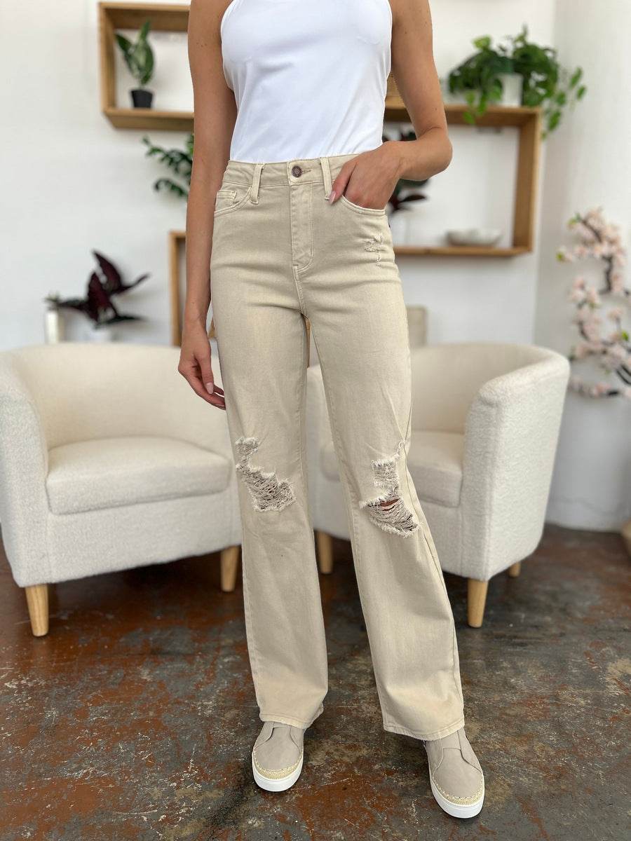 Judy Blue Full Size High Waist Distressed Wide Leg Jeans - DaTrendStore.Com