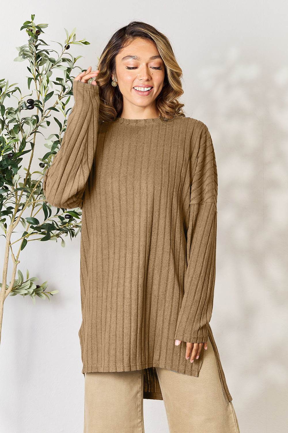 Basic Bae Full Size Ribbed Round Neck Long Sleeve Slit Top - DaTrendStore.Com