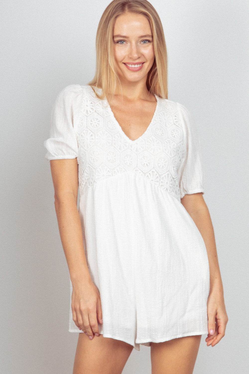 VERY J Lace Detail Puff Sleeve Romper with Pockets - DaTrendStore.Com