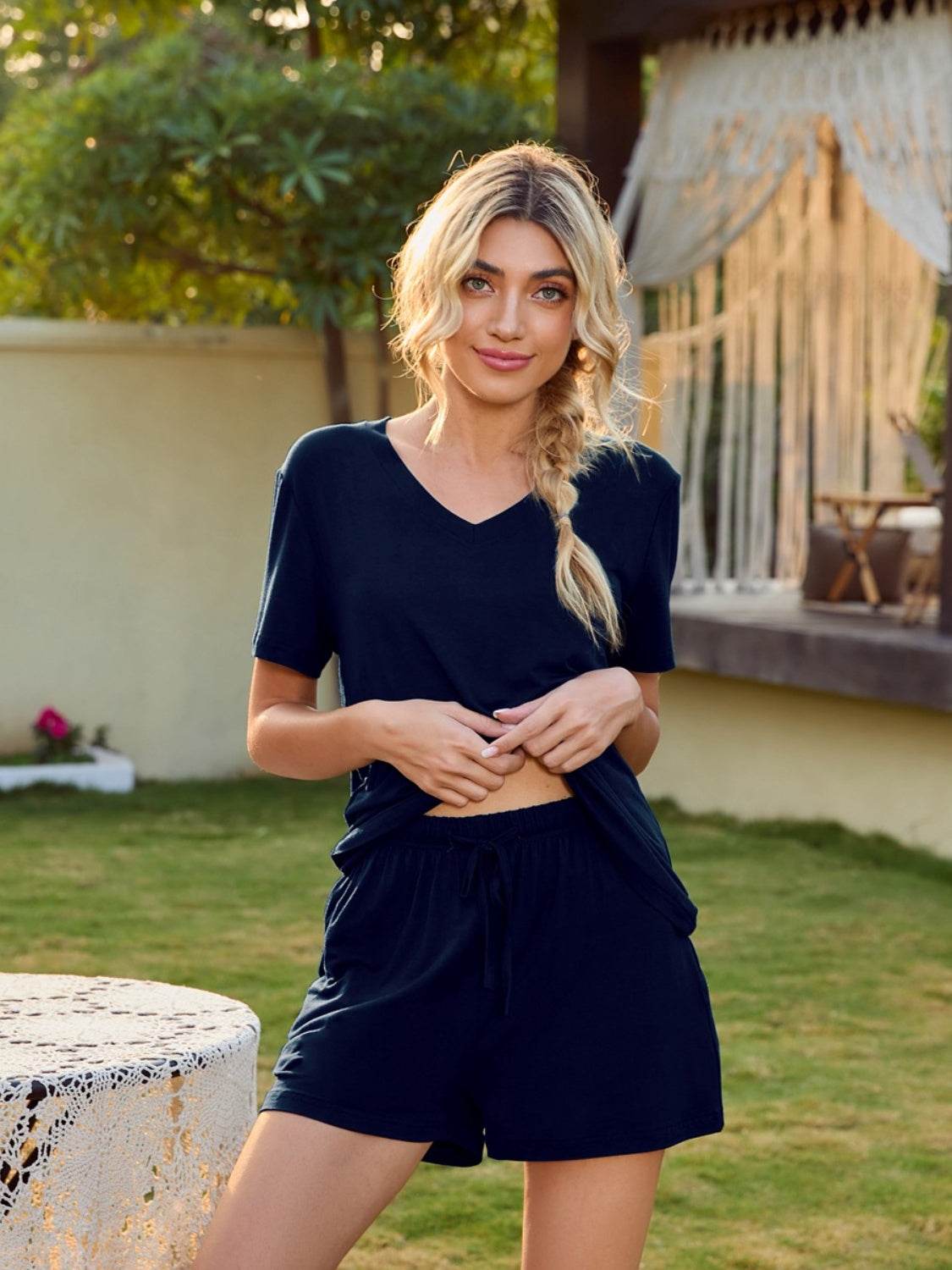 V-Neck Short Sleeve Top and Pocketed Shorts Lounge Set - DaTrendStore.Com
