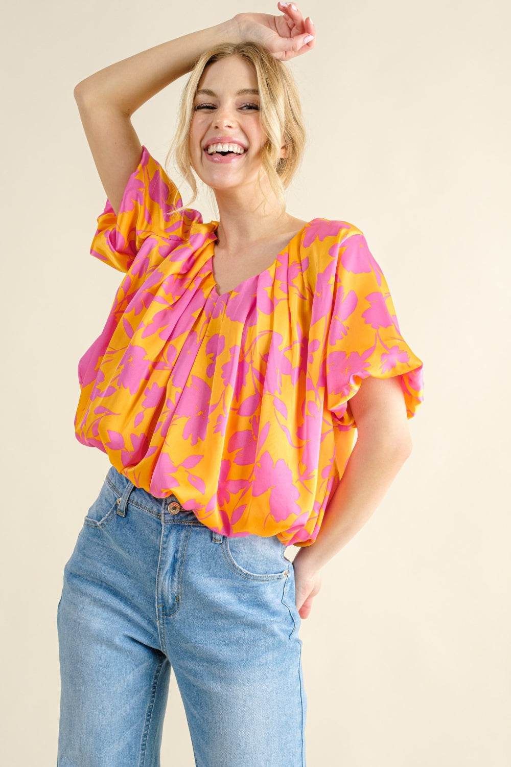 And The Why Full Size Printed Satin Bubble Hem Top - DaTrendStore.Com