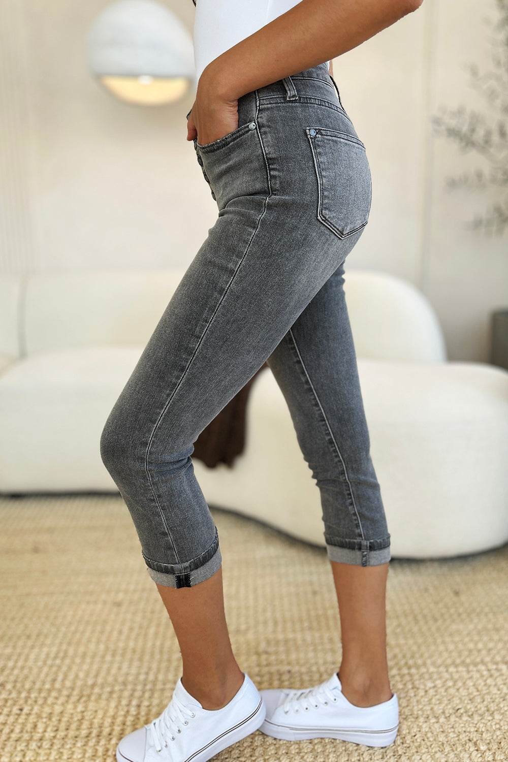 Judy Blue Full Size Button Fly High Waist Cuffed Capris - DaTrendStore.Com