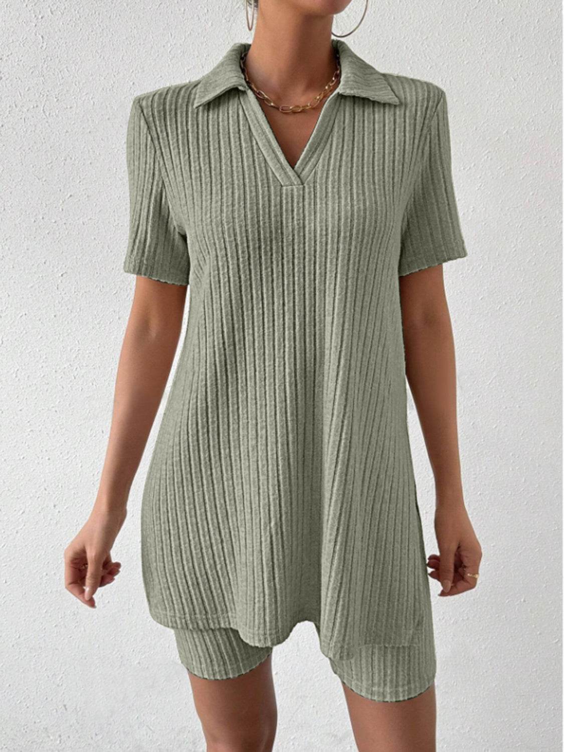 Johnny Collar Short Sleeve Top and Shorts Set - DaTrendStore.Com