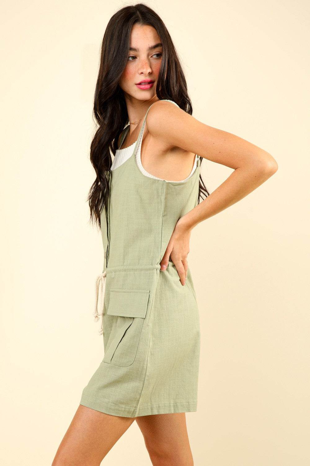 VERY J Half Button Drawstring Sleeveless Romper - DaTrendStore.Com