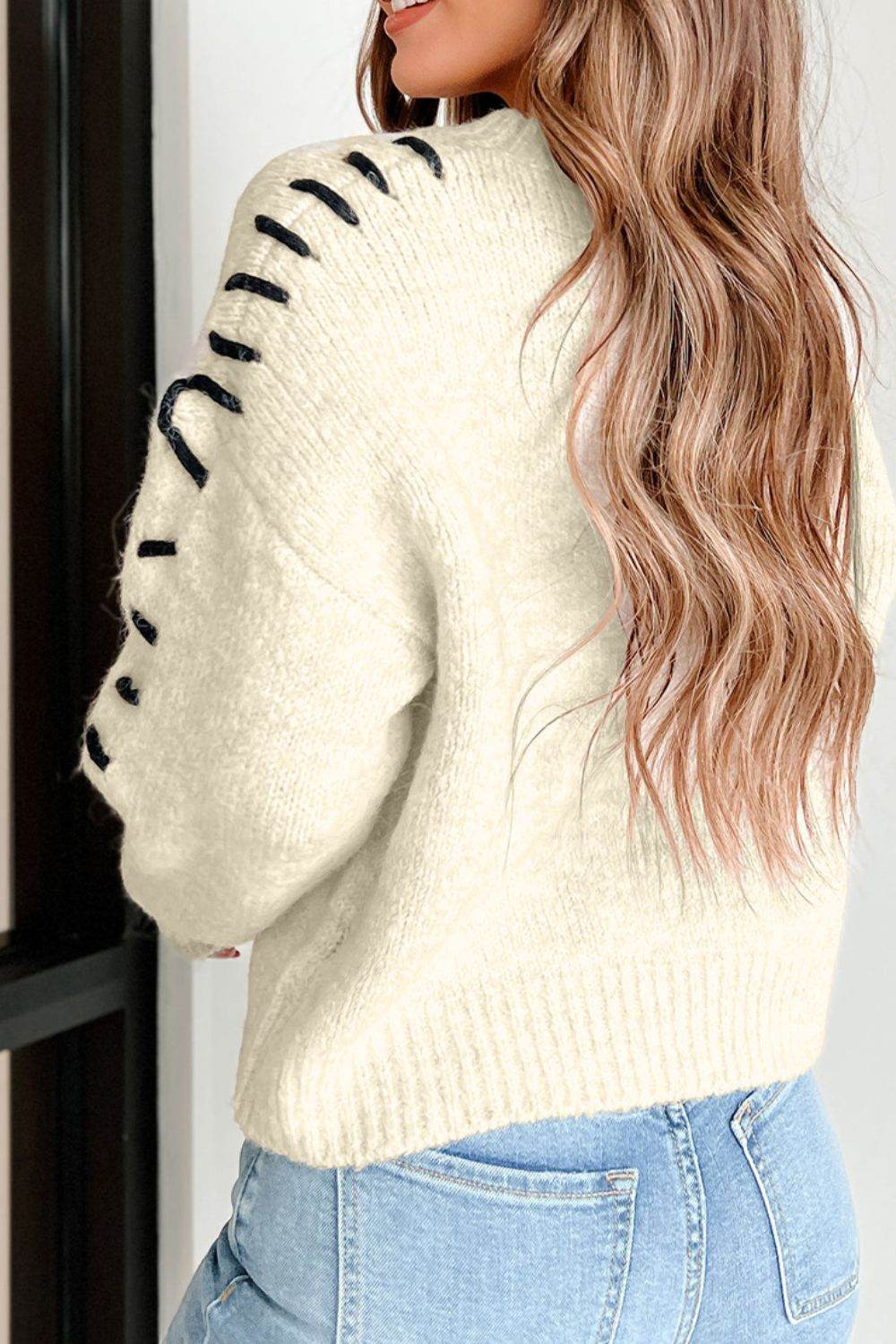 Contrast Stitch Detail Ribbed Trim Sweater - DaTrendStore.Com