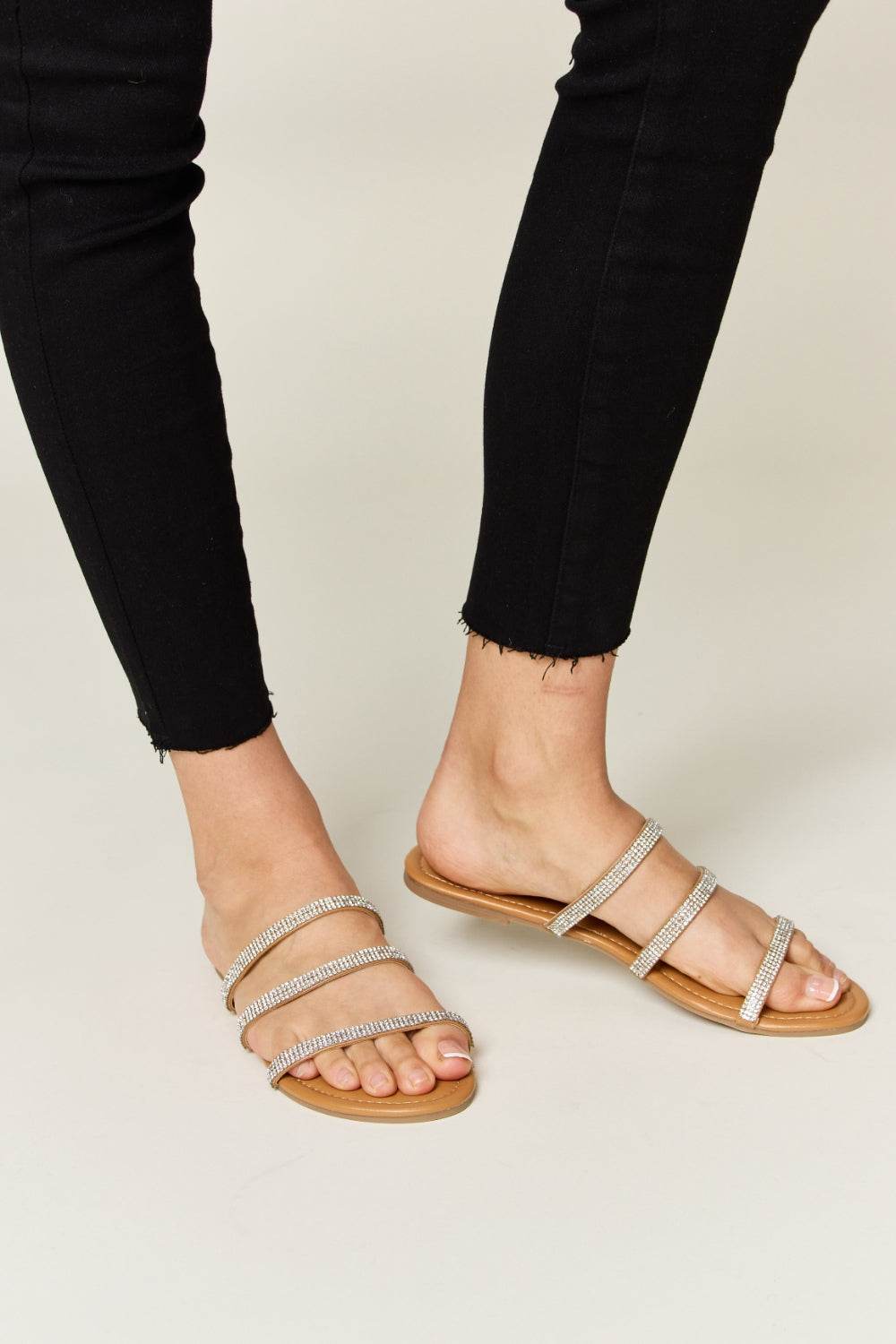 WILD DIVA Rhinestone Three-Strap Flat Sandals - DaTrendStore.Com