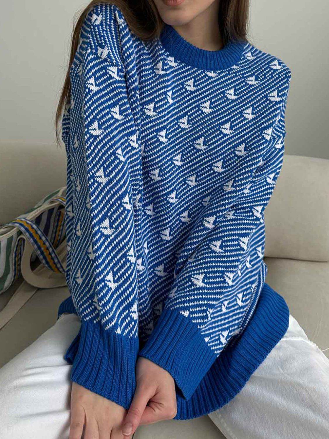 Contrast Round Neck Long Sleeve Sweater - DaTrendStore.Com