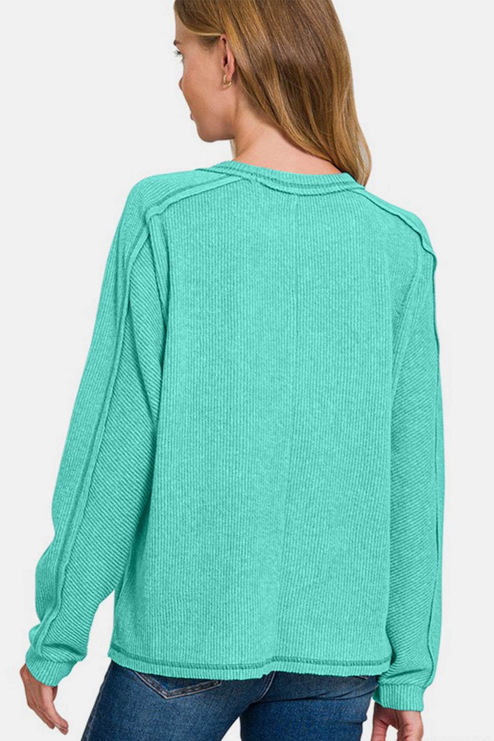 Zenana Full Size Contrast Stitching Brushed Ribbed Hacci Knit Top Plus Size - DaTrendStore.Com
