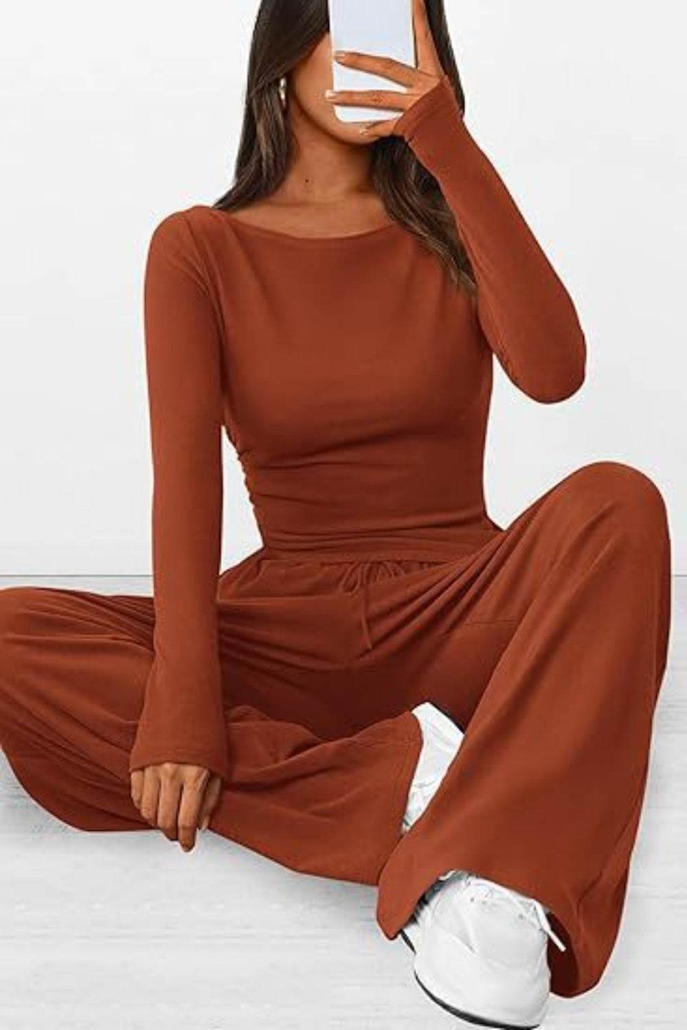 Round Neck Long Sleeve Top and Pants Set - DaTrendStore.Com