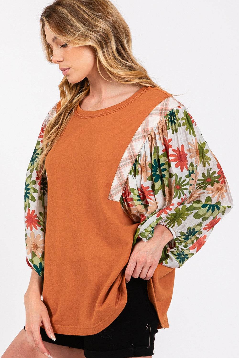 SAGE + FIG Full Size Printed Balloon Sleeve Contrast Top - DaTrendStore.Com