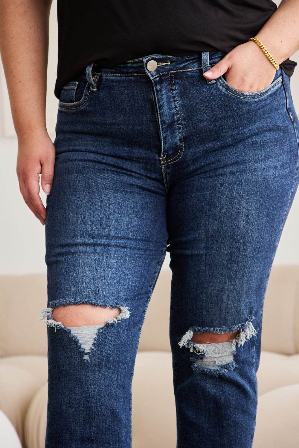 RFM Crop Dylan Full Size Tummy Control Distressed High Waist Raw Hem Jeans - DaTrendStore.Com