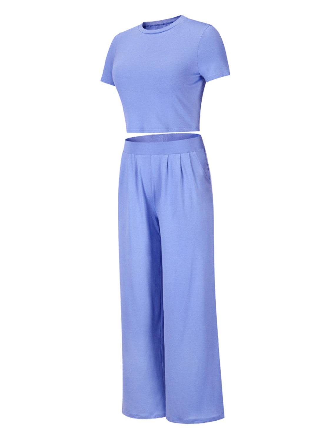 Round Neck Short Sleeve Top and Pocketed Pants Set - DaTrendStore.Com