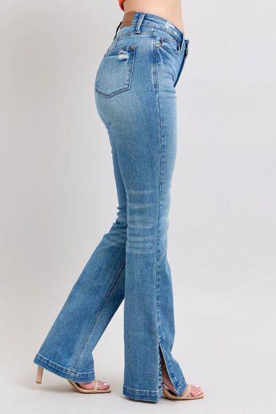 Judy Blue HW Tummy Control Vintage Wash Side Slit Slim Boot Jeans - DaTrendStore.Com