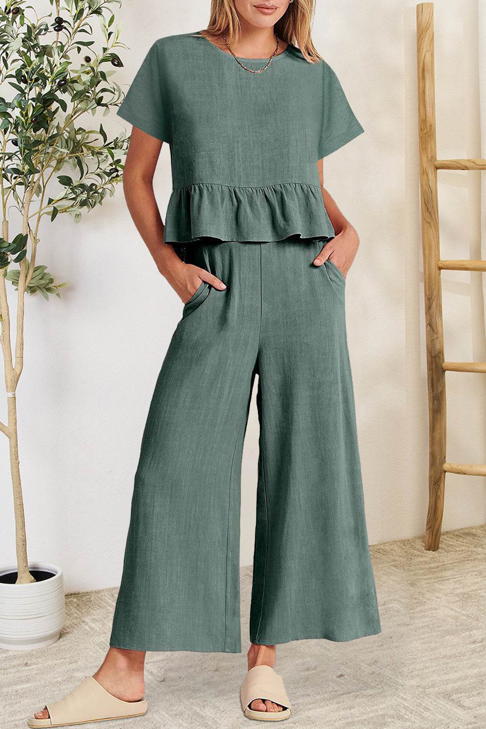 Peplum Round Neck Short Sleeve Top and Pants Set - DaTrendStore.Com
