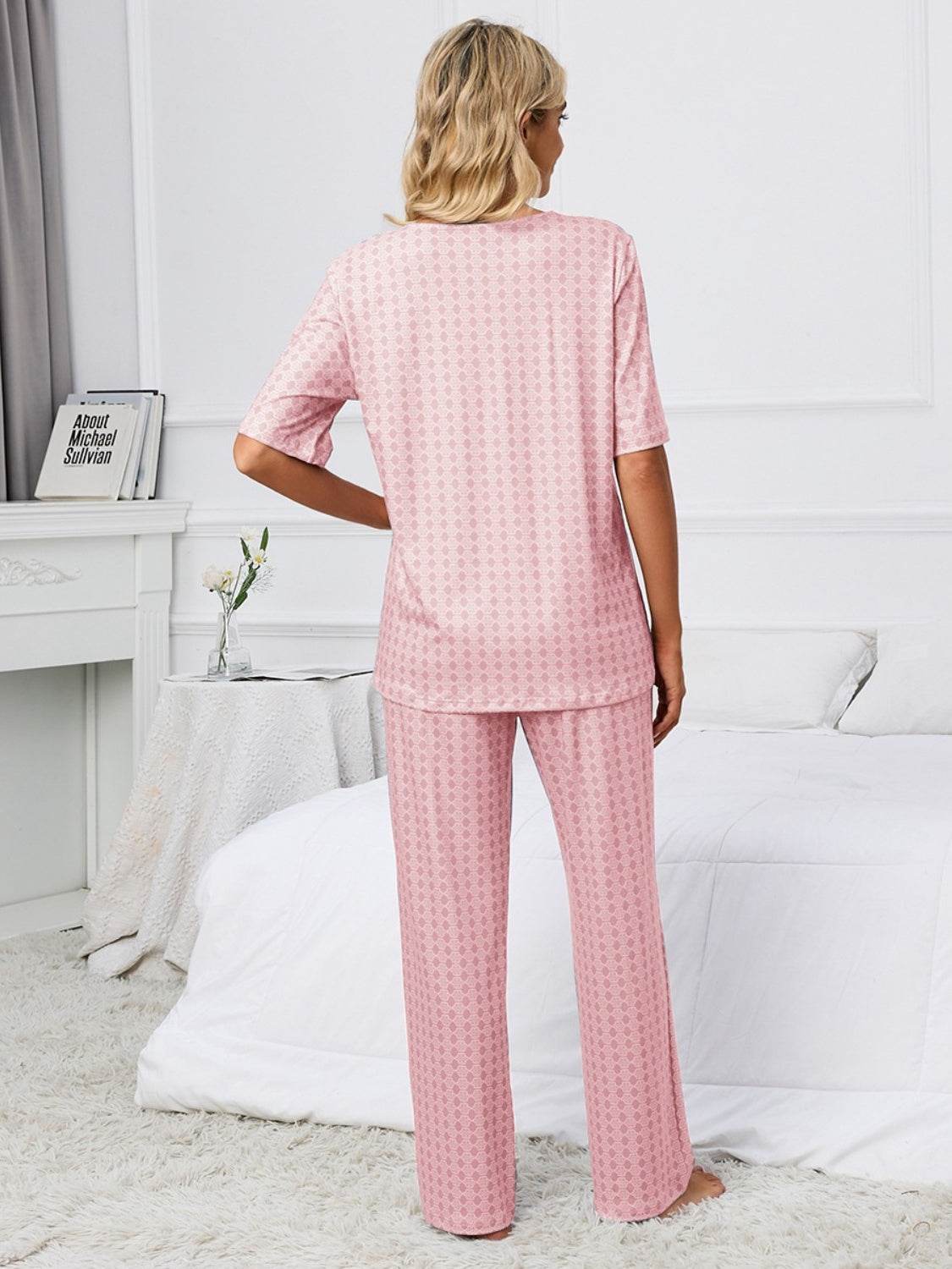 Printed V-Neck Top and Pants Lounge Set - DaTrendStore.Com