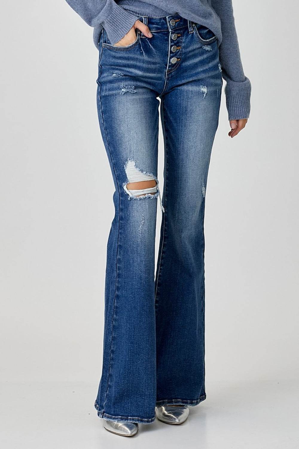 RISEN Distressed Button-Fly Flare Jeans - DaTrendStore.Com