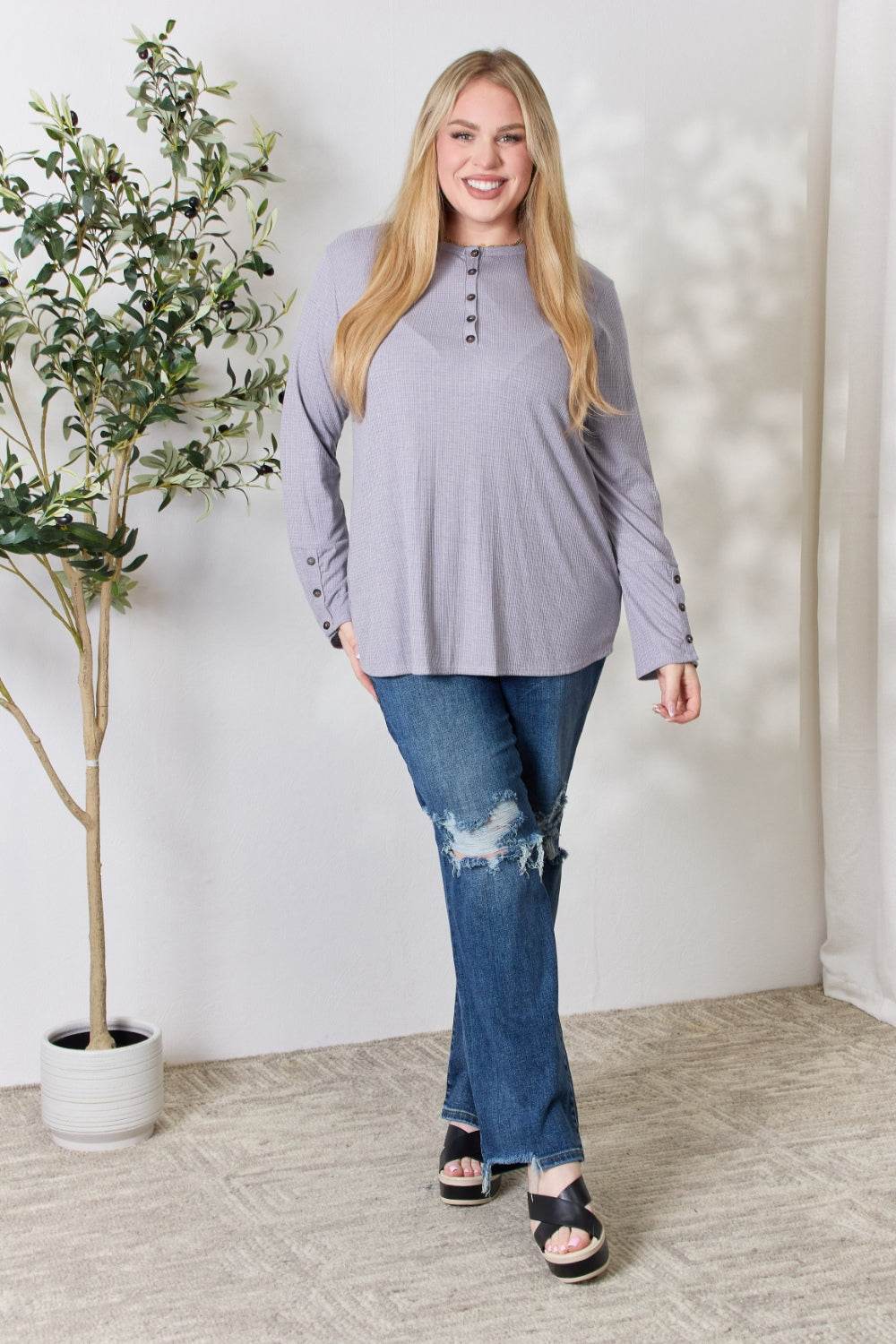 Heimish Full Size Texture Half Button Long Sleeve Top - DaTrendStore.Com