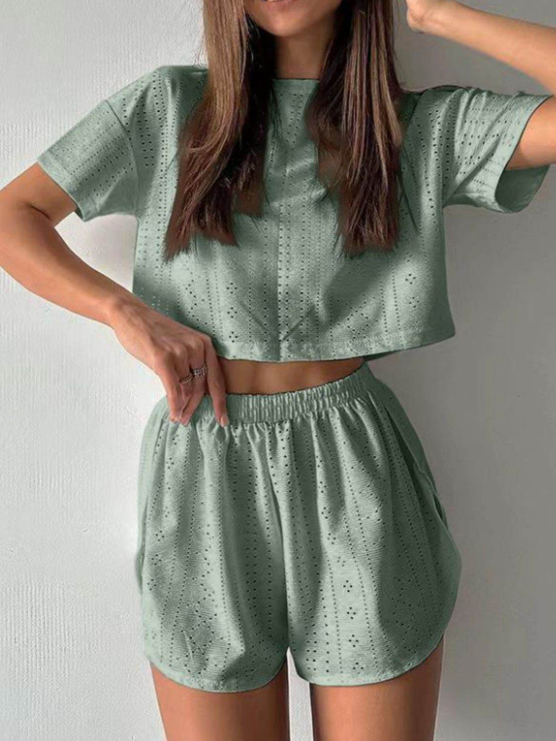 Eyelet Round Neck Top and Shorts Set - DaTrendStore.Com