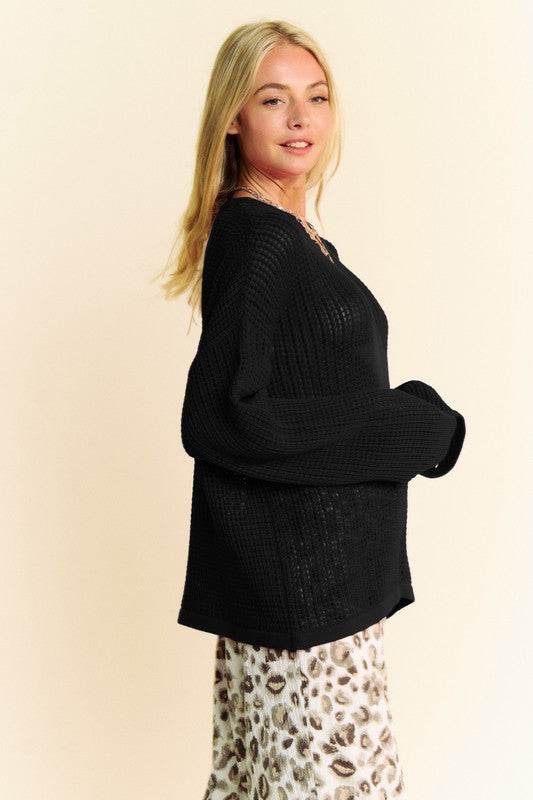 Davi & Dani Star Front Crochet Drop Shoulder Knit Top - DaTrendStore.Com