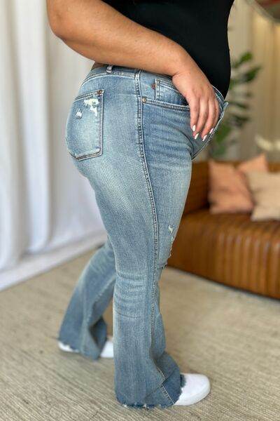 Judy Blue Full Size Medium Rise Tummy Control Destroy Flare - DaTrendStore.Com