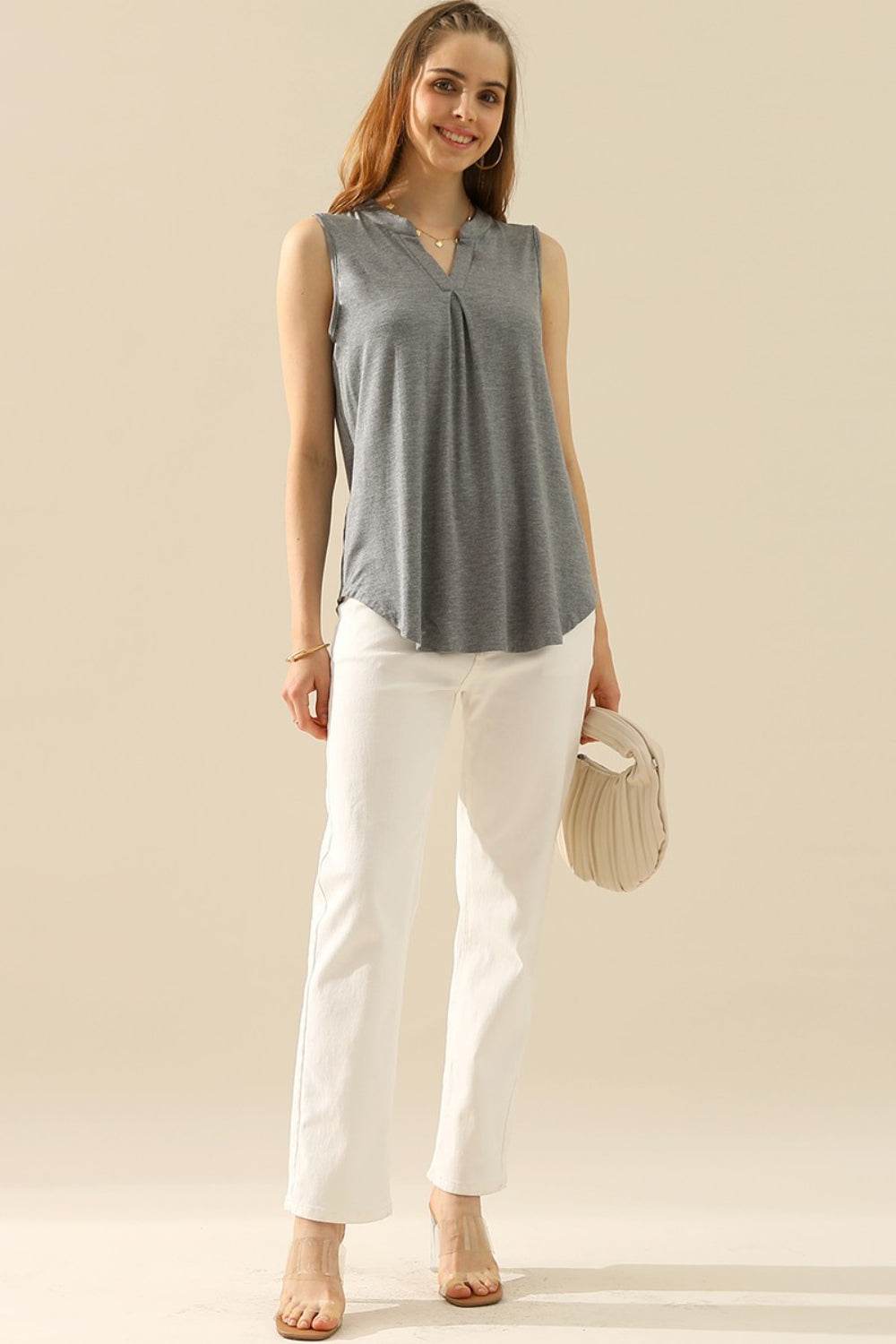 Ninexis Full Size Notched Sleeveless Top - DaTrendStore.Com