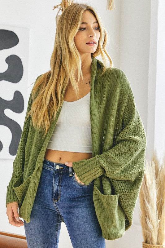 Pattern Knit Dolman Sleeve Solid Slouch Cardigan - DaTrendStore.Com