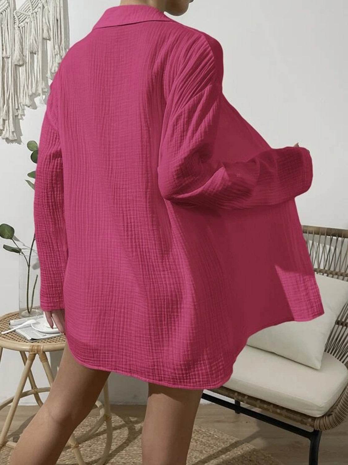 Dropped Shoulder Button Up Top and Elastic Waist Shorts Set - DaTrendStore.Com