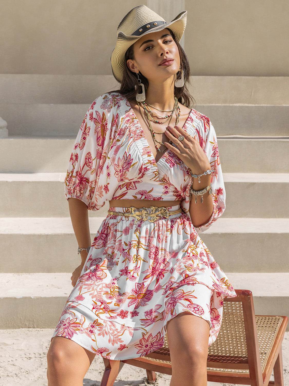 Printed Half Sleeve Top and Layered Skirt Set - DaTrendStore.Com