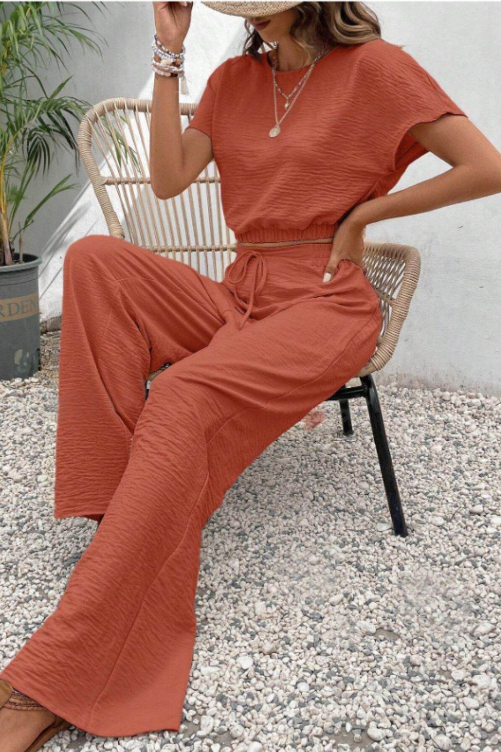Round Neck Short Sleeve Top and Pants Set - DaTrendStore.Com